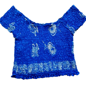 Vintage Ruched Bright Blue Fish Print Crop Top